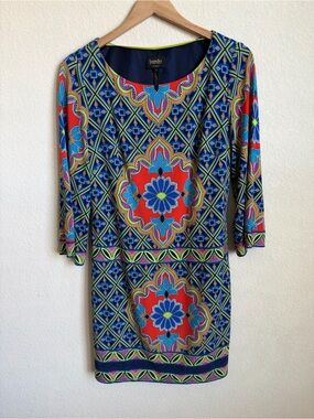 Laundry by Shelli Segal Shift Dress Small Blue Geometric Floral 3/4 Sleeve Lined